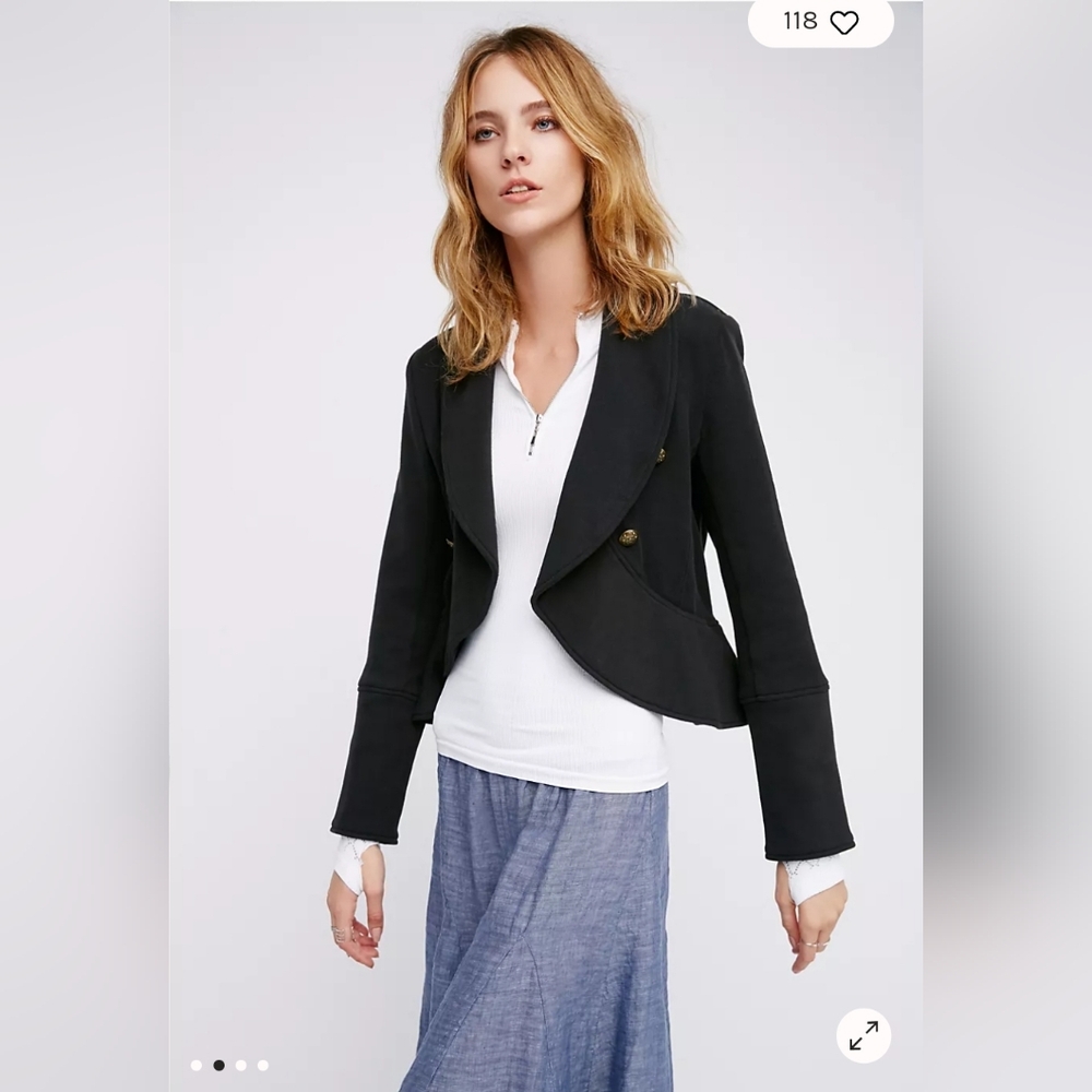 Free people sm black Flared and Femme Jacket blazer military style crop ruffle